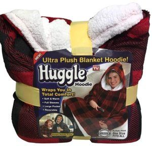 HUGGLE NWT Ultra Plush Blanket Hoodie Red Black Buffalo Plaid Premium Fleece OS